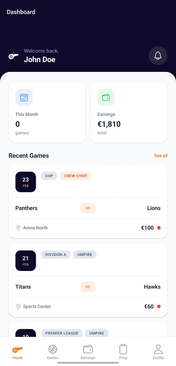 Referee Management App dashboard screenshot