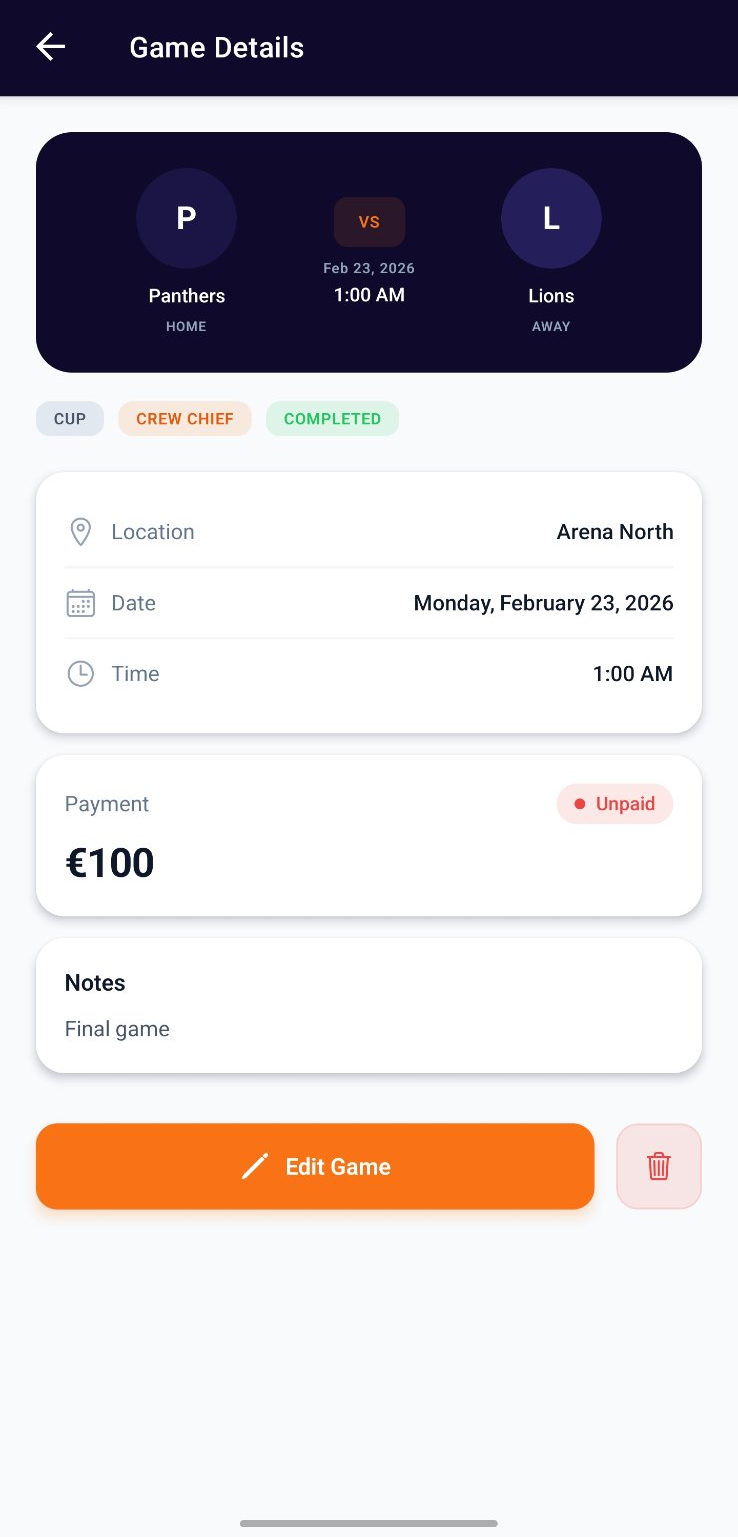 Game detail screen with competition, teams, role, and fee details