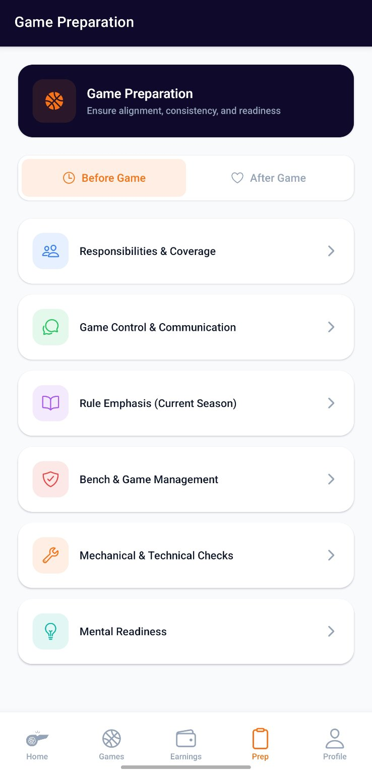 Game preparation checklist screen