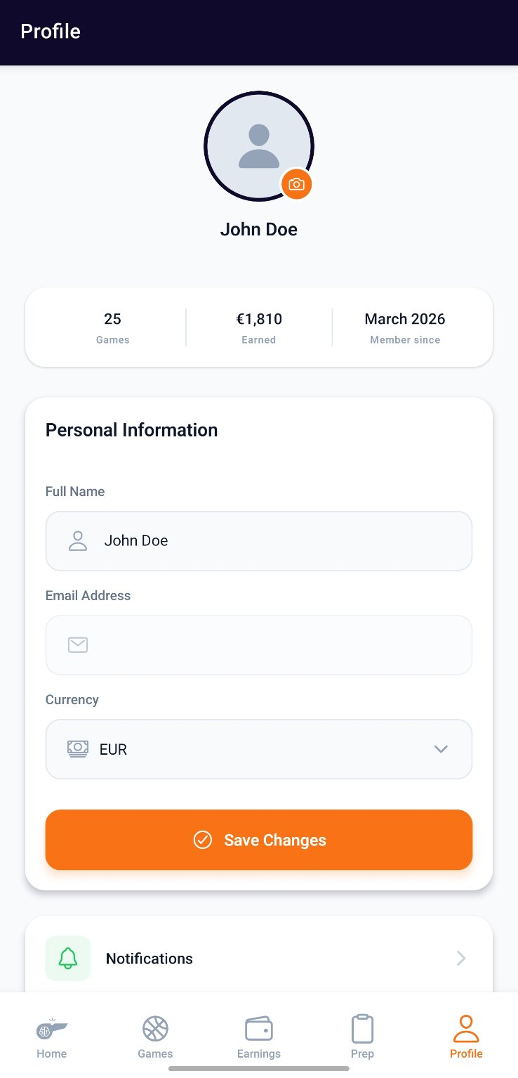 Referee profile screen with currency and settings